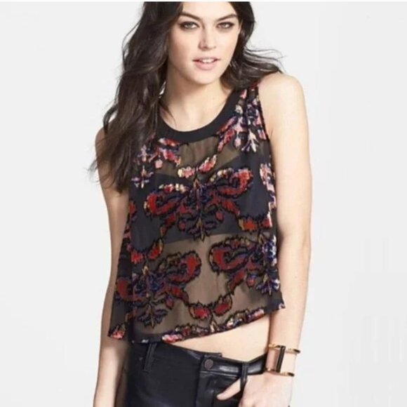 Astr Tops - ASTR Multicolor Velvet Burnout Sheer Floral‎ Cropped Tank Top Sleeveless Size S